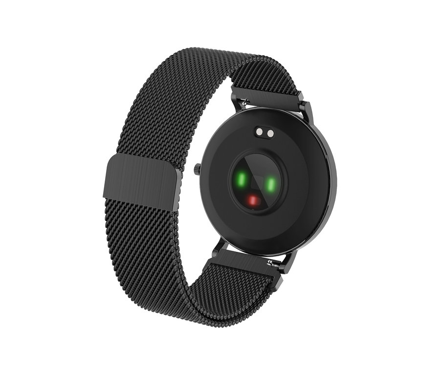 Nahaufnahme der schwarzen Kienzle »Active Smart Slim« Uhr mit Metallarmband und Sensoren auf der Rückseite.