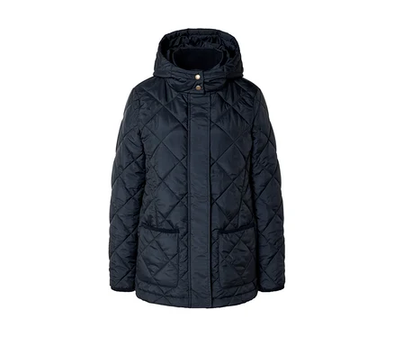 Dunkelblaue, gesteppte Jacke mit Kapuze, hohem Kragen mit goldfarbenen Druckknöpfen und zwei aufgesetzten Taschen.