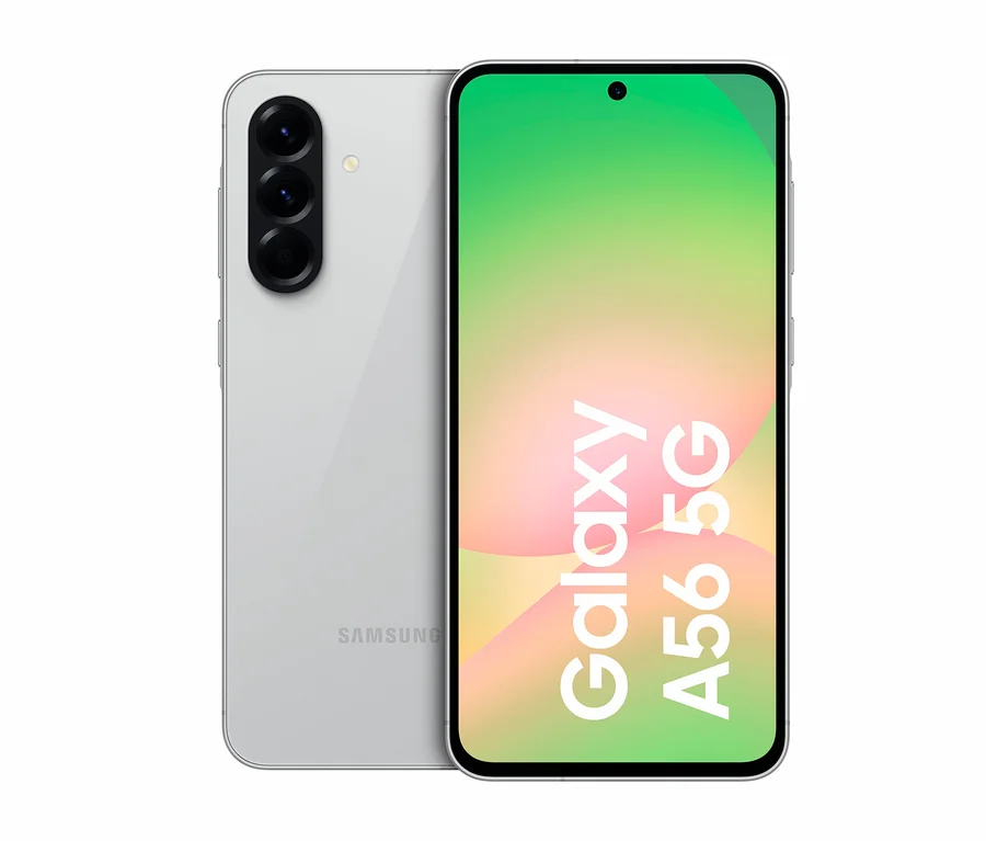 Das Samsung Galaxy A56 5G 128 GB in Lightgray ist von vorne und von hinten dargestellt.