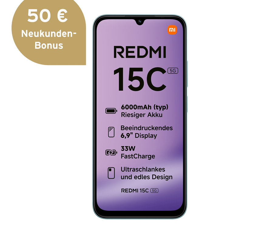Das Xiaomi Redmi 15C 5G 128 GB in Mint Green wird gezeigt.