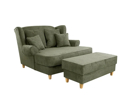 Grüner Chaiselongue mit hoher Rückenlehne und passendem rechteckigem Hocker, beide mit hellen Holzbeinen.