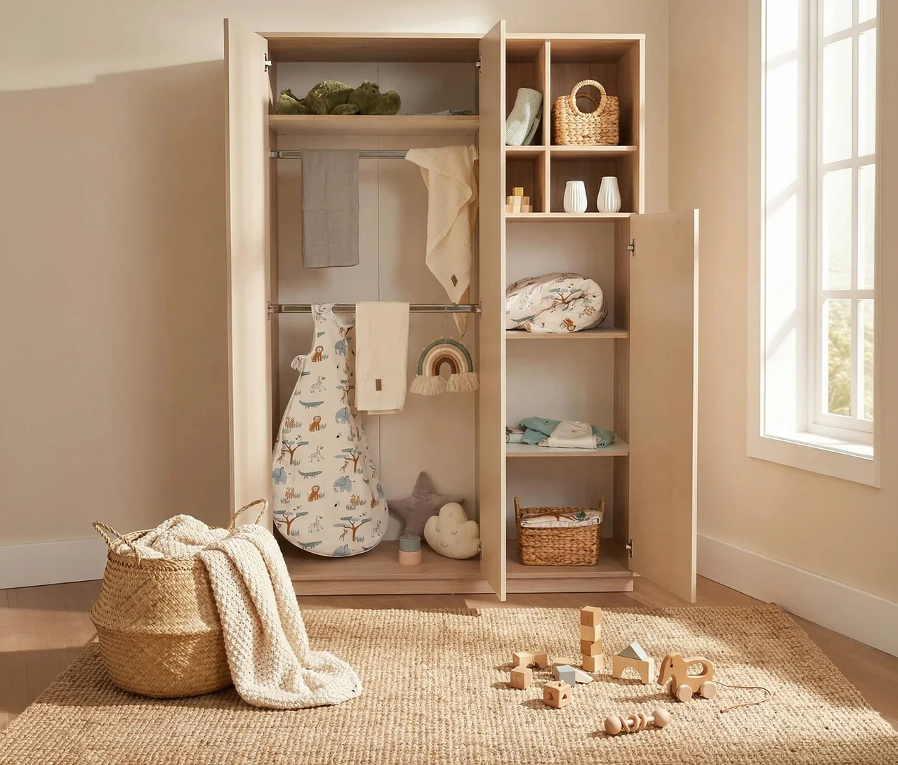 Offener Kleiderschrank des Roba 3-teiligen Kinderzimmer-Sets "Elva" in Cashmere und Virginia Chestnut, gefüllt mit Babyschlafsack, Handtüchern und Spielzeug. Ein Korb mit Decke und Holzspielzeug liegt auf einem Teppich davor.
