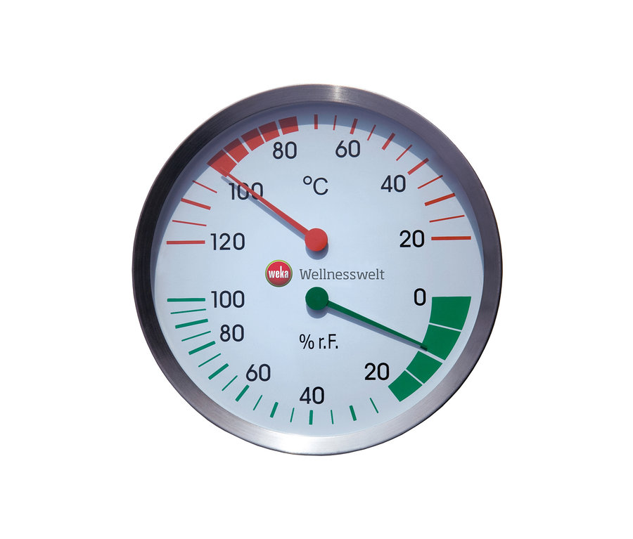 Nahaufnahme eines Weka Wellnesswelt Thermometers und Hygrometers, wobei der rote Zeiger die Temperatur und der grüne Zeiger die Luftfeuchtigkeit anzeigt.