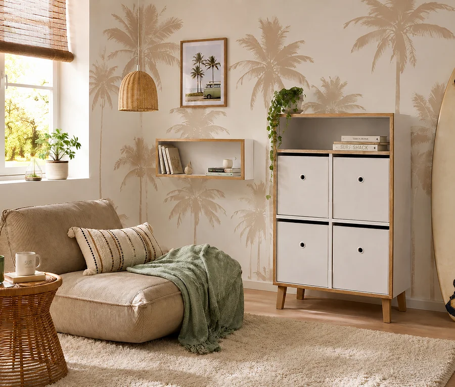 Ein entspanntes Zimmer mit Palmen-Tapete und einem zotteligen Teppich, mit einem beigen Cord-Sessel mit gestreiftem Kissen und grüner Decke, einem Rattan-Beistelltisch und einem Holzregal mit weißen Aufbewahrungsboxen. Ein gerahmtes Bild von Palmen und einem Vintage-Van hängt über einem schwebenden Regal, und ein Surfbrett lehnt an der Wand. Ein Fenster mit einem Bambusrollo zeigt Grün im Freien.