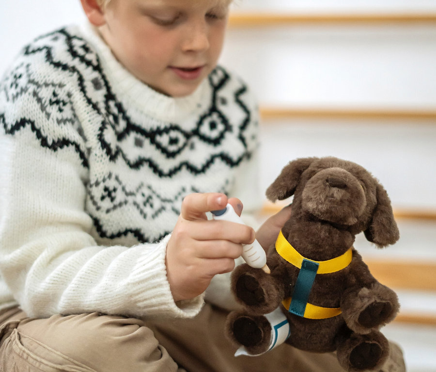 Junge spielt mit small foot Hund mit Tasche und Pflege-Set.