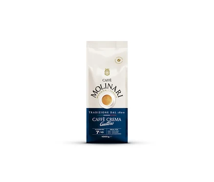 Weisse und blaue Packung Caffè Molinari Caffè Crema Gustoso mit 1 kg ganzen Bohnen, mit einer Kaffeetasse und der Intensität 7/10.