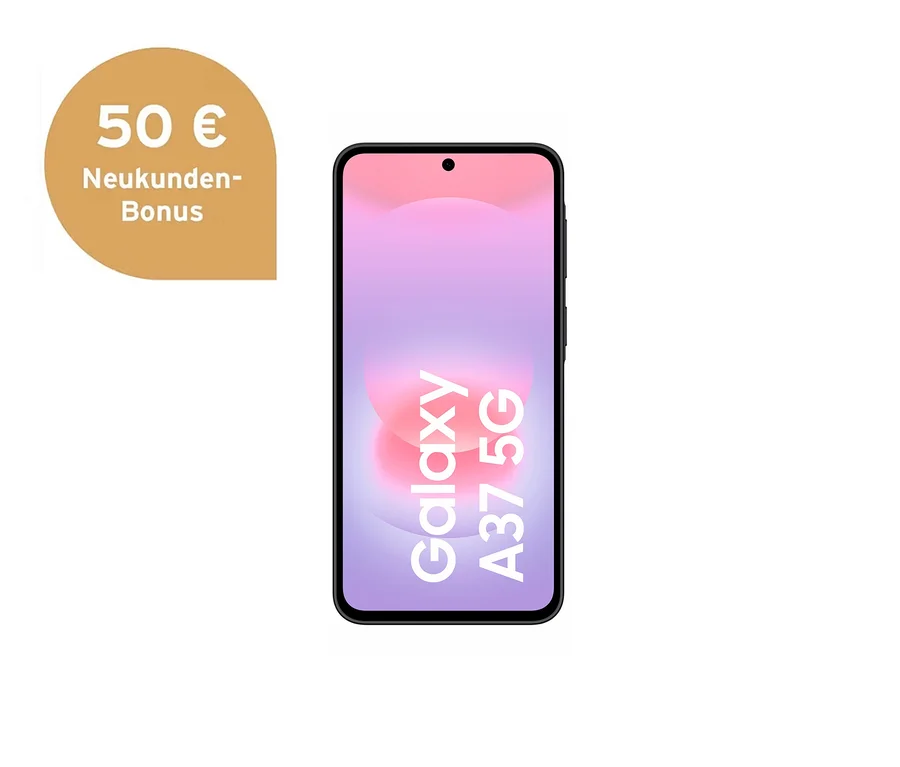 Schwarzes Samsung Galaxy A37 5G Smartphone mit lila-pinkem Bildschirm, der „Galaxy A37 5G“ anzeigt, daneben ein goldener „50 € Neukunden-Bonus“-Hinweis.