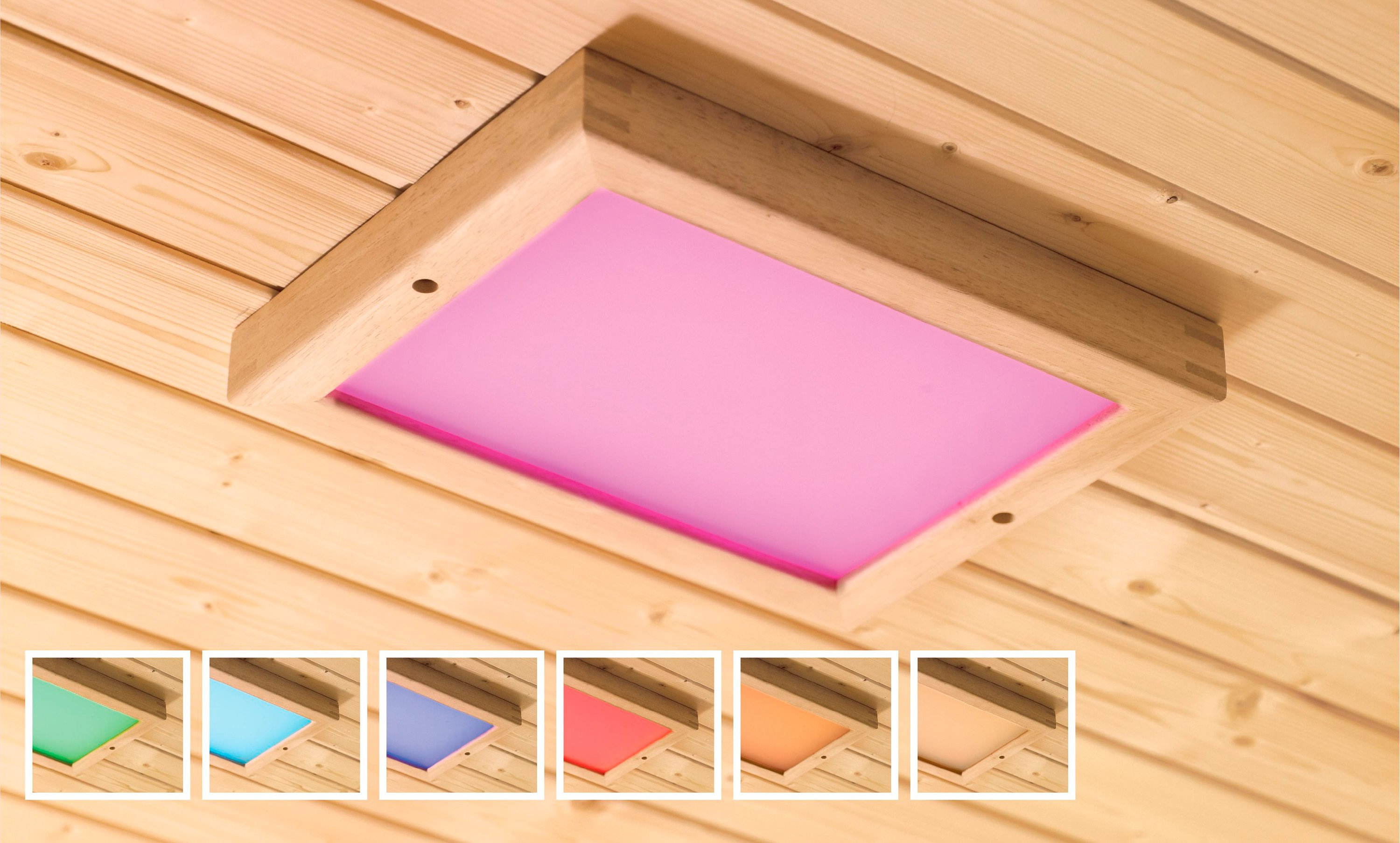 Detail einer Saunadecke mit installierter Karibu-Premium-LED-Farblichtanwendung, die in Violett leuchtet.