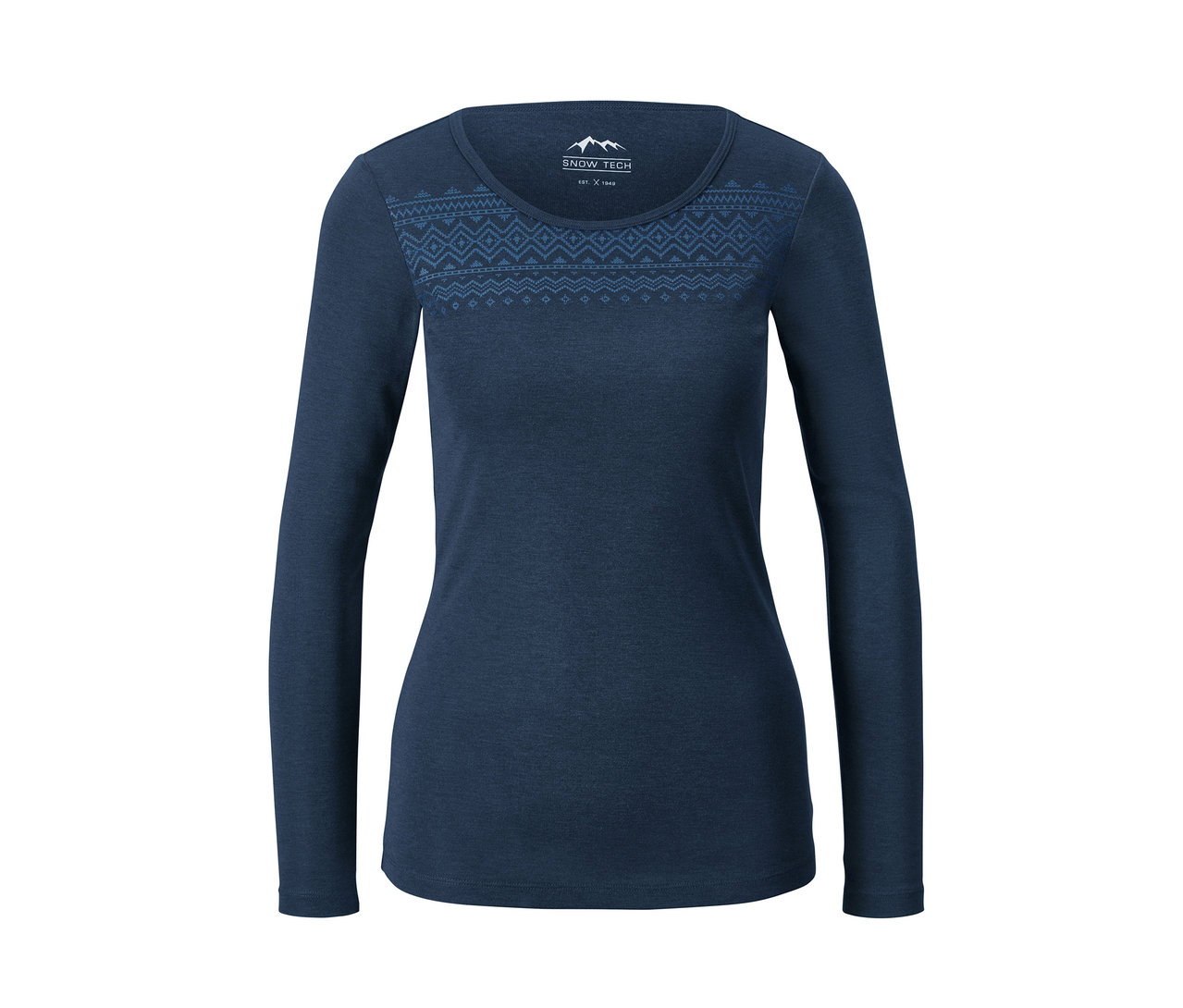 Dunkelblaues Thermo-Funktionsshirt mit langen Ärmeln und dekorativem Muster auf der Brust.