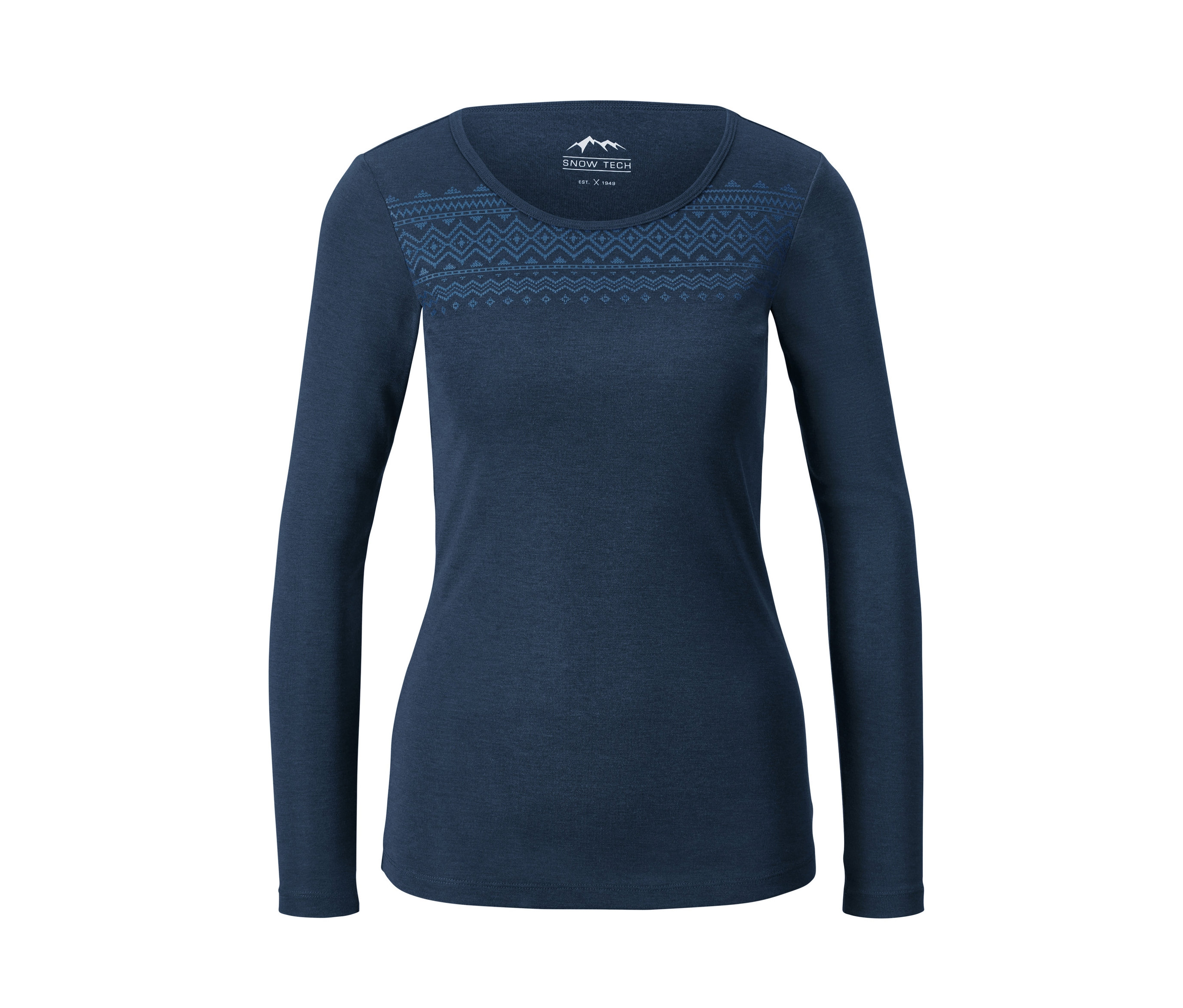 Dunkelblaues Thermo-Funktionsshirt mit langen Ärmeln und dekorativem Muster auf der Brust.