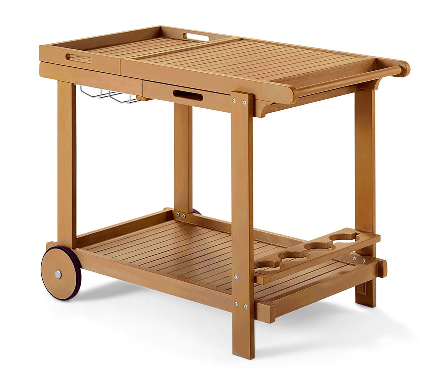 Ein brauner Barbecue-Trolley mit Rädern und Gläserhaltern.