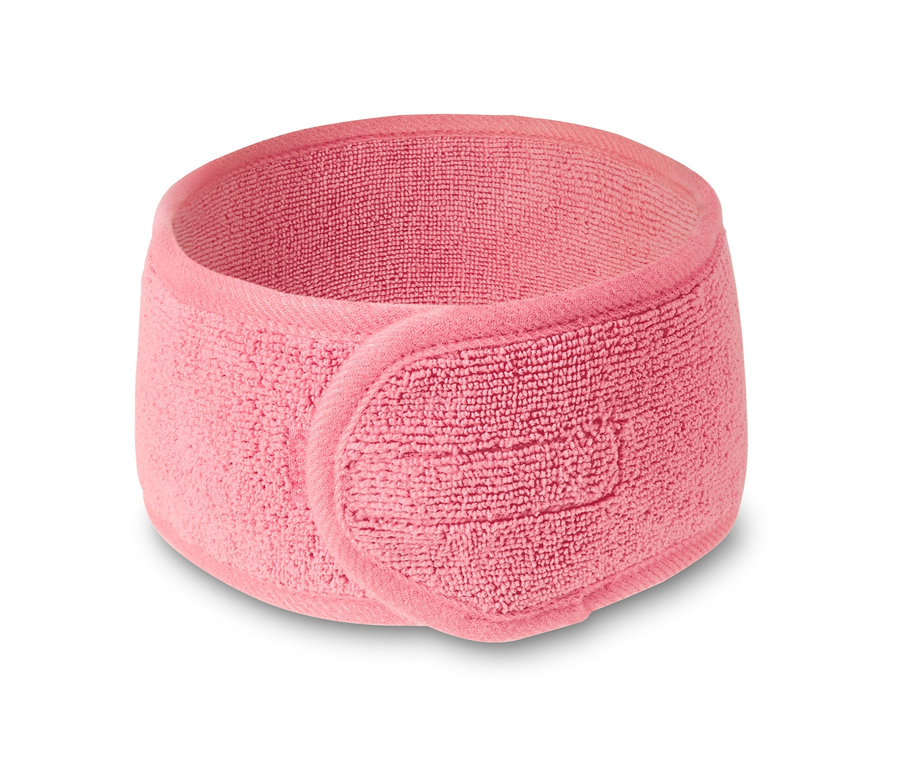Nahaufnahme eines einzelnen rosa Kosmetik-Stirnbands von 2 Kosmetik-Stirnbändern