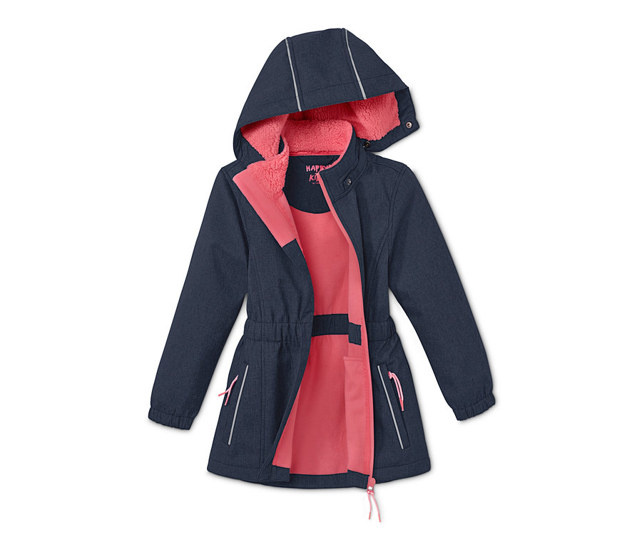Marineblaue Softshelljacke mit Kapuze und pinkfarbenem Futter.