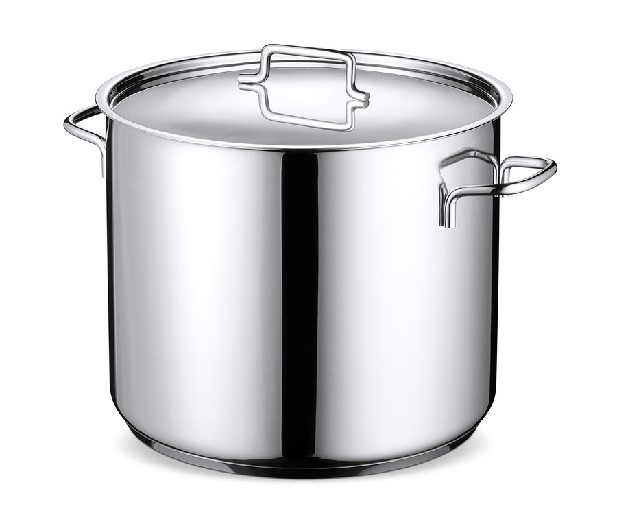 Ein XL-Edelstahl-Topf mit Deckel und Griffen.