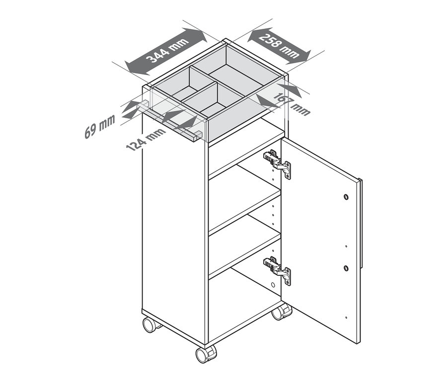 Eine Skizze des weißen Badezimmer-Beistellwagens „Eklund“ mit Maßangaben.