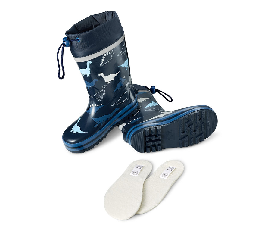 Kindergummistiefel mit Dinosaurier-Motiv und Schuheinlagen.