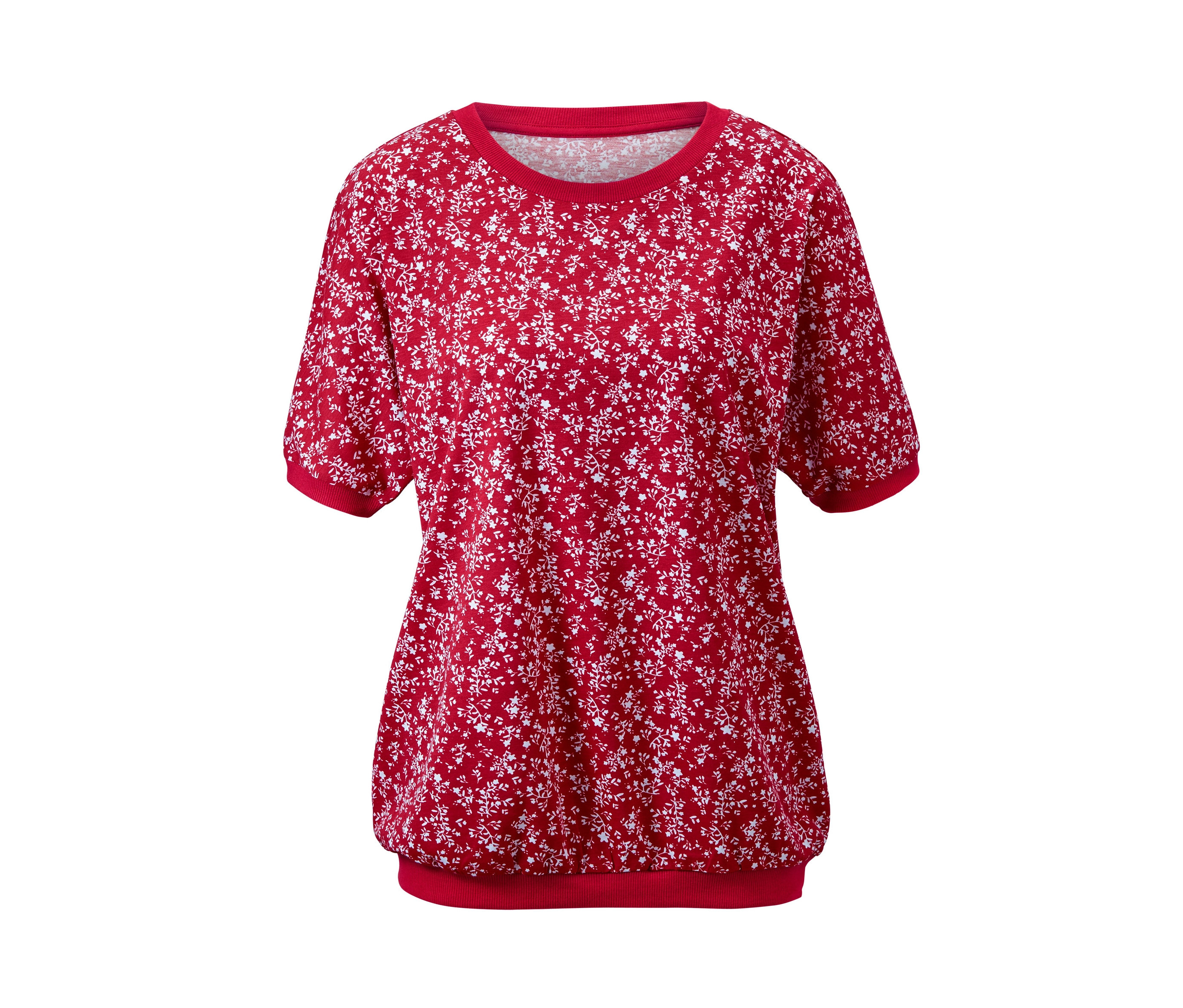 Ein rotes Shirt mit Fledermausärmeln und weißem Blumenmuster.