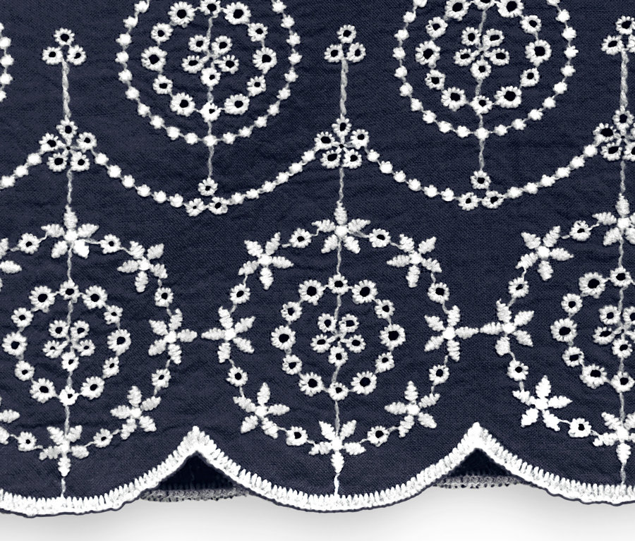 Detailansicht eines blauen Shirts mit Lochstickerei.