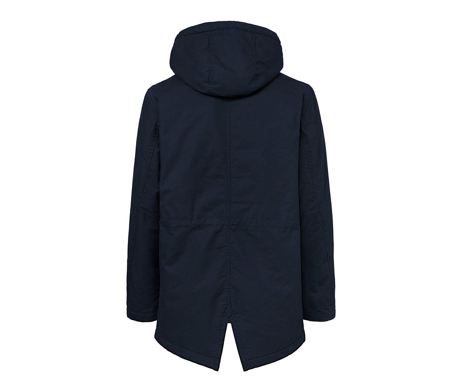 Dunkelblaue Parka-Jacke von hinten mit Kapuze.