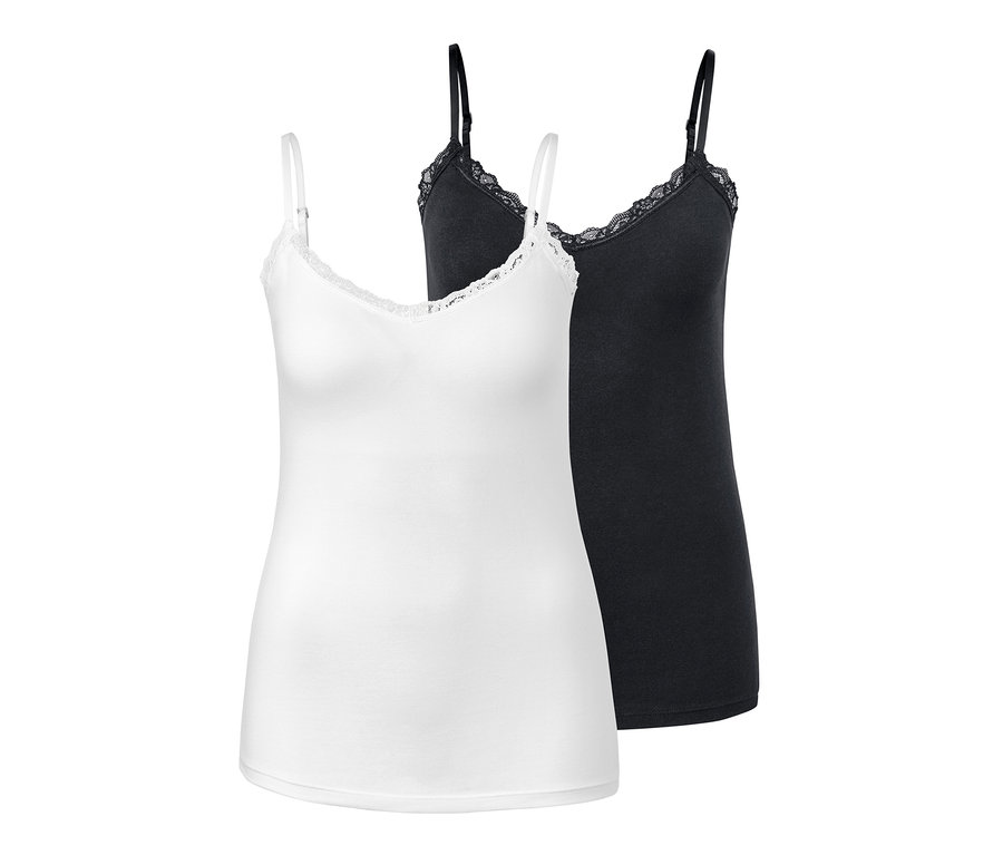 Zwei BH-Hemdchen, eines in Weiß und eines in Schwarz, jeweils mit Spitze.
