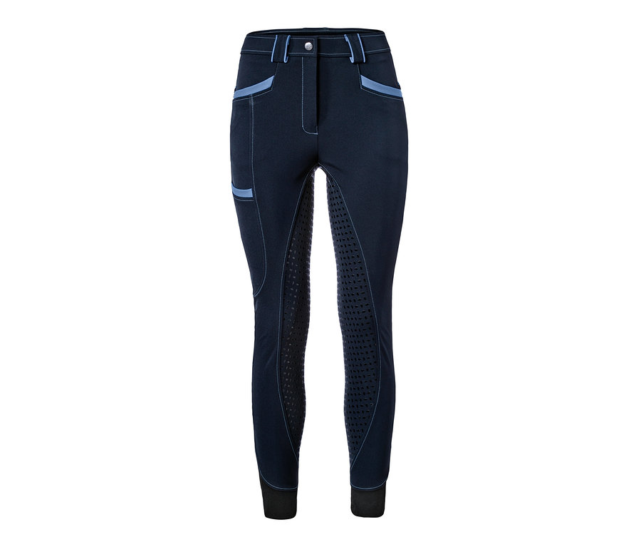Dunkelblaue USG-Damen-Reithose mit blauen Details und rutschfestem Gesäß.