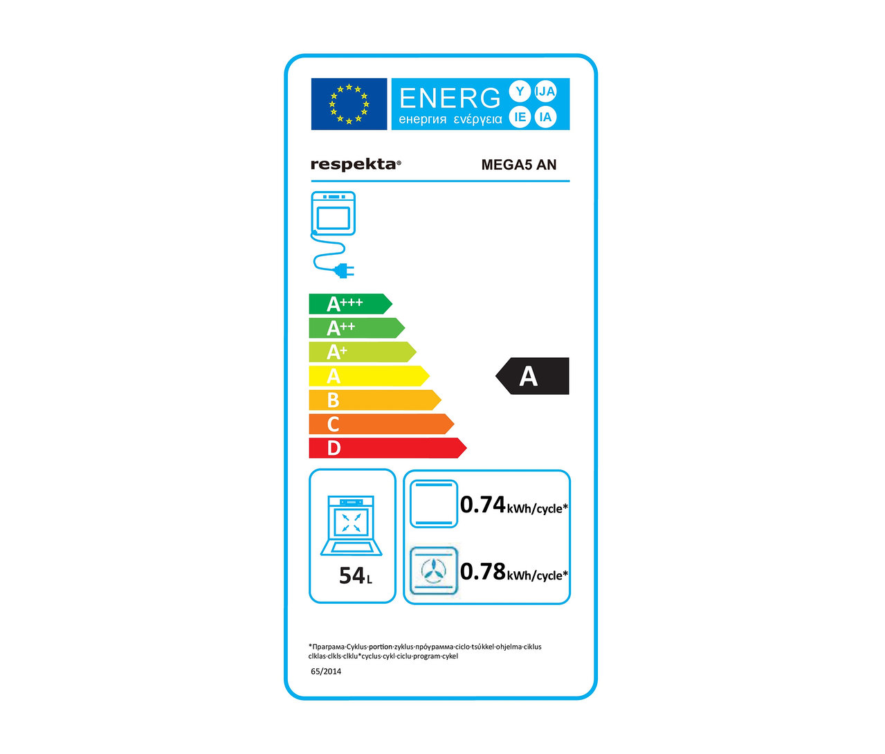 Energielabel des Respekta MEGA5 AN Backofens mit der Energieeffizienzklasse A und einem Volumen von 54 Litern.