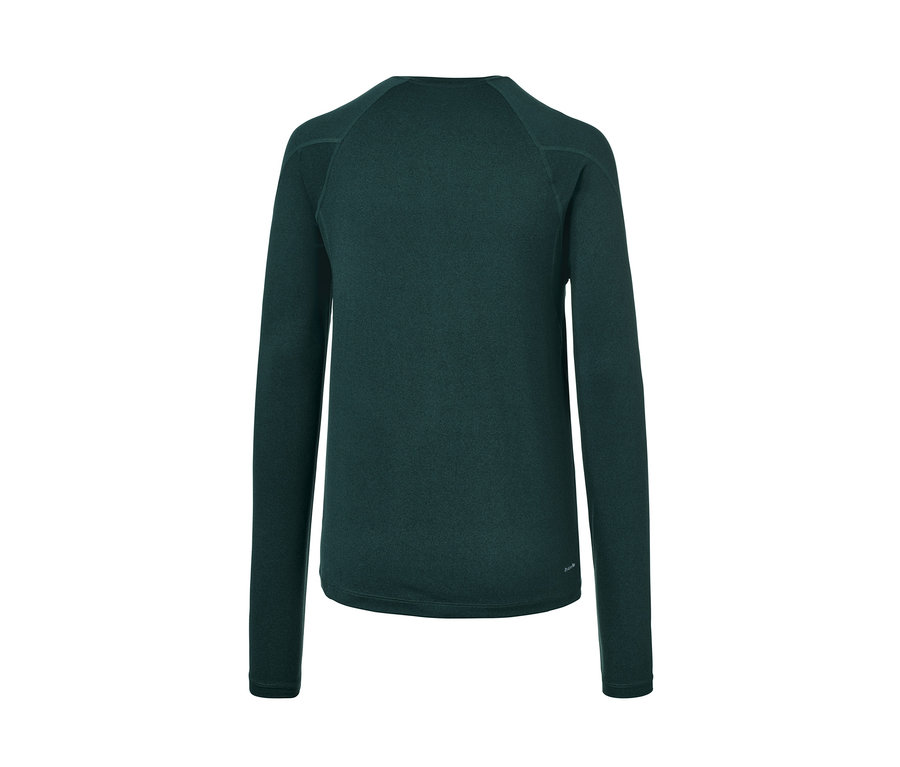 Dunkelgrünes Funktionsshirt mit langen Ärmeln, Rückansicht.