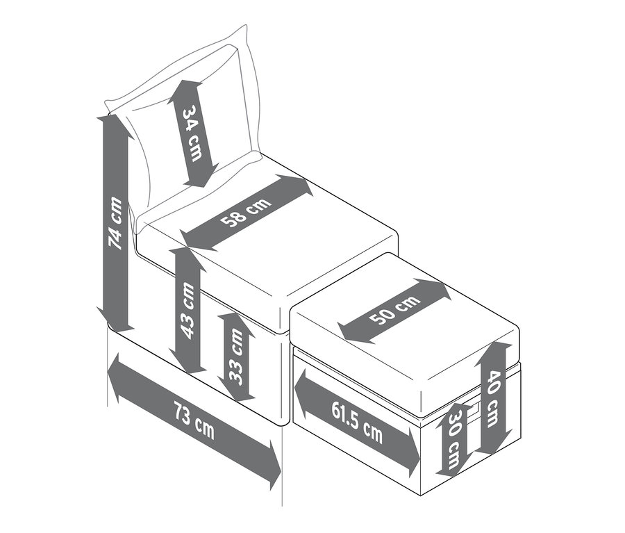 Skizze von Lounge-Sessel »Thore« mit Ausziehfunktion mit Maßangaben.