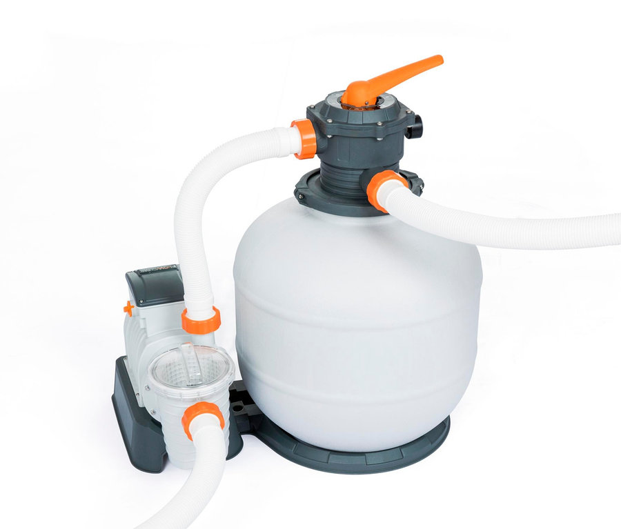 Ein weißer Sandfilter mit grauer Basis und orangen Akzenten vor einem weißen Hintergrund.