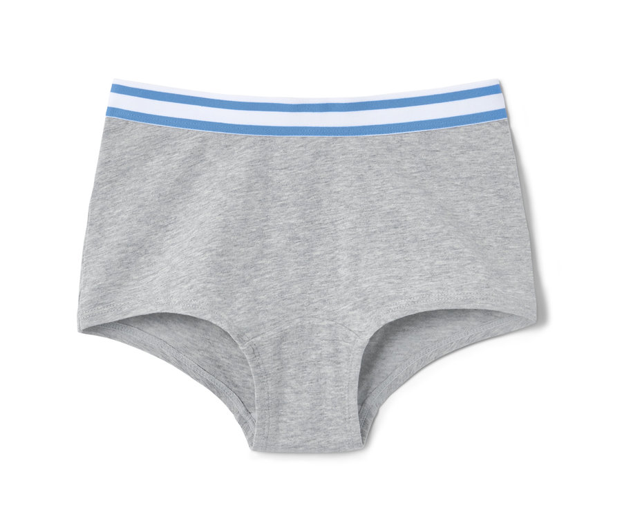 Graue Mädchen-Pantys mit blauen und weißen Streifen oben.