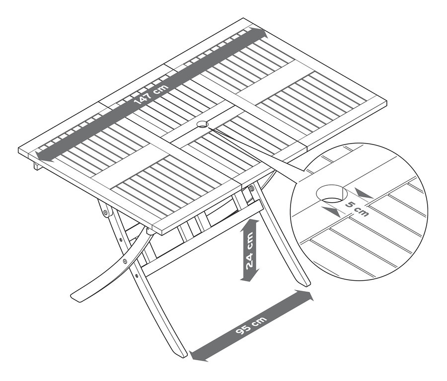Illustration von einem Dining-Set »Leira«, 6-teilig, mit Massangaben.