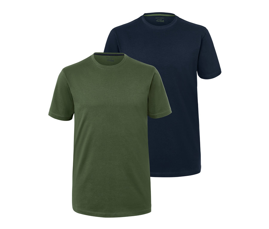 Zwei T-Shirts mit Rundhalsausschnitt, eines olivgrün und eines dunkelblau.