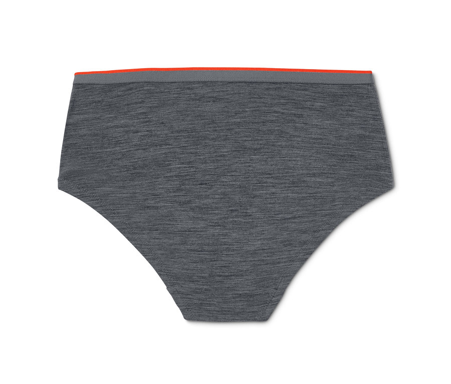 Nahaufnahme grauer Funktionsunterwäsche mit Merinowolle und orangefarbenem Bund auf weißem Hintergrund.