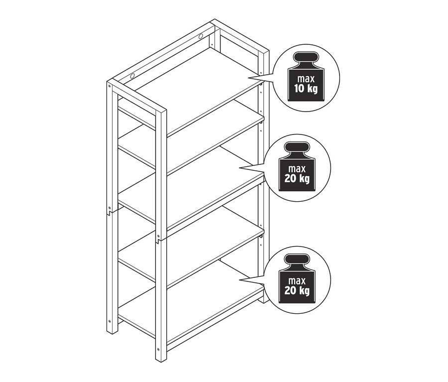 Illustration eines leeren Bücherregals mit vier Regalen und Gewichtsbeschränkungen.