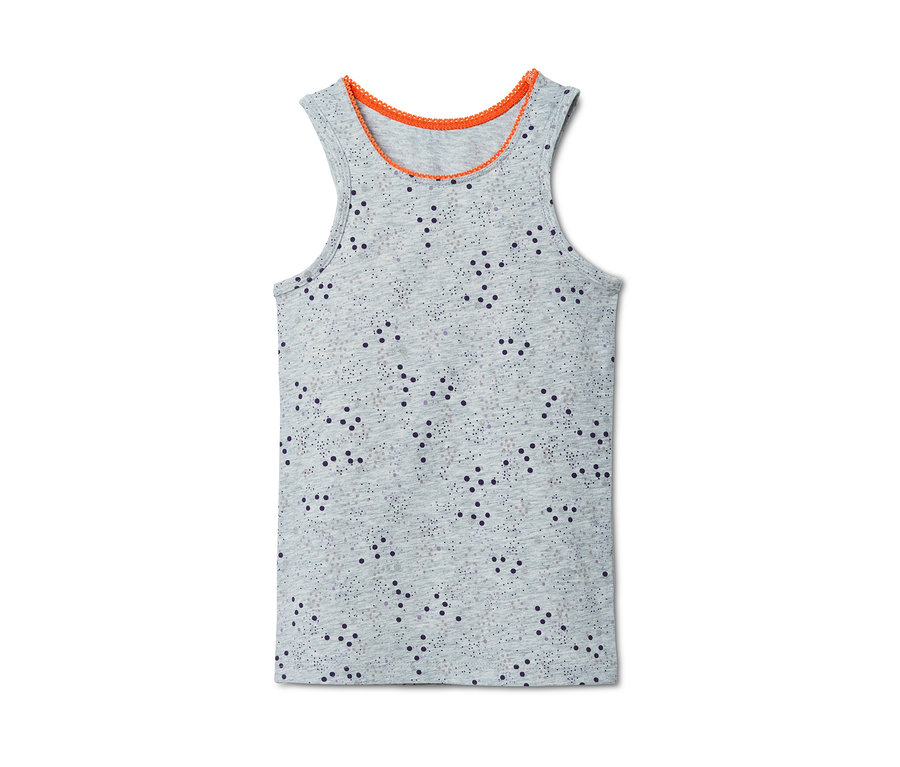 Graues Unterhemd mit Print und orangefarbenem Rand.