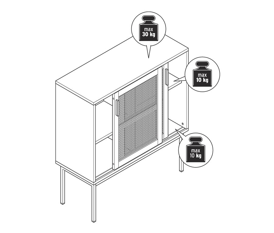 Skizze eines Sideboards mit geflochtenen Türen, maximale Belastbarkeit 30 kg auf der Oberseite und 10 kg auf jedem Fachboden.