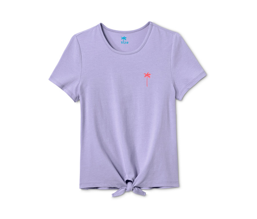 Lila Knoten-Shirt mit kurzen Ärmeln.