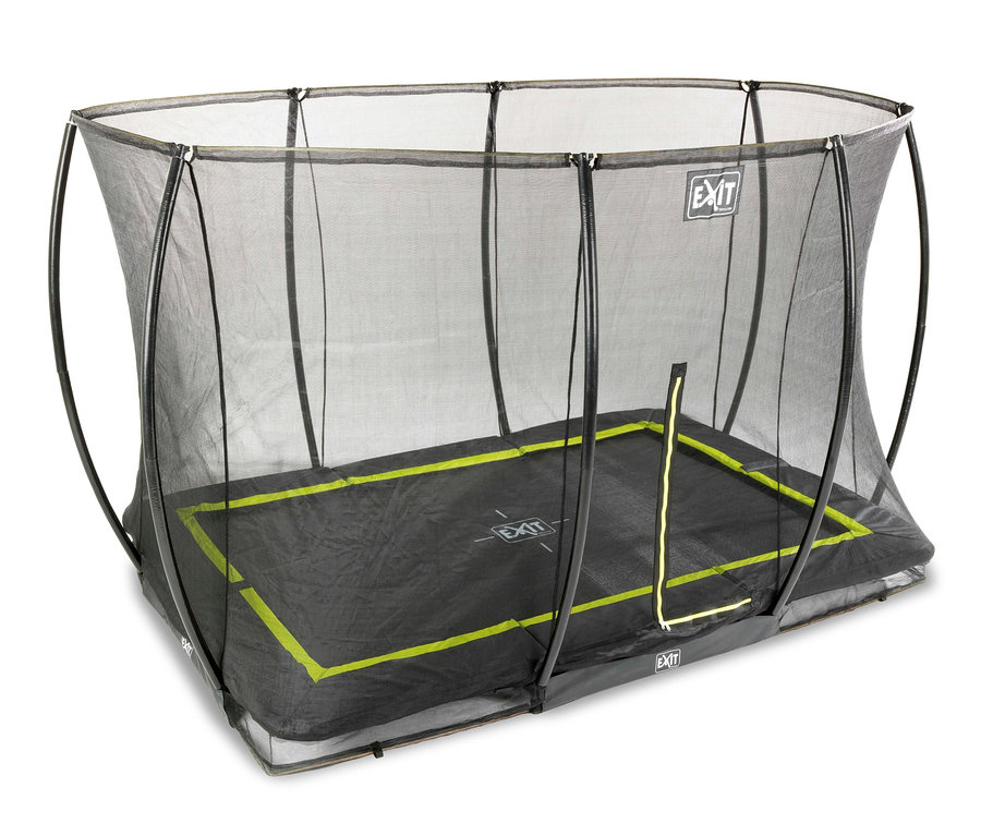 Ein EXIT Bodentrampolin »Silhouette«, ca. 214 x 305 cm mit einem schwarzen Netz.