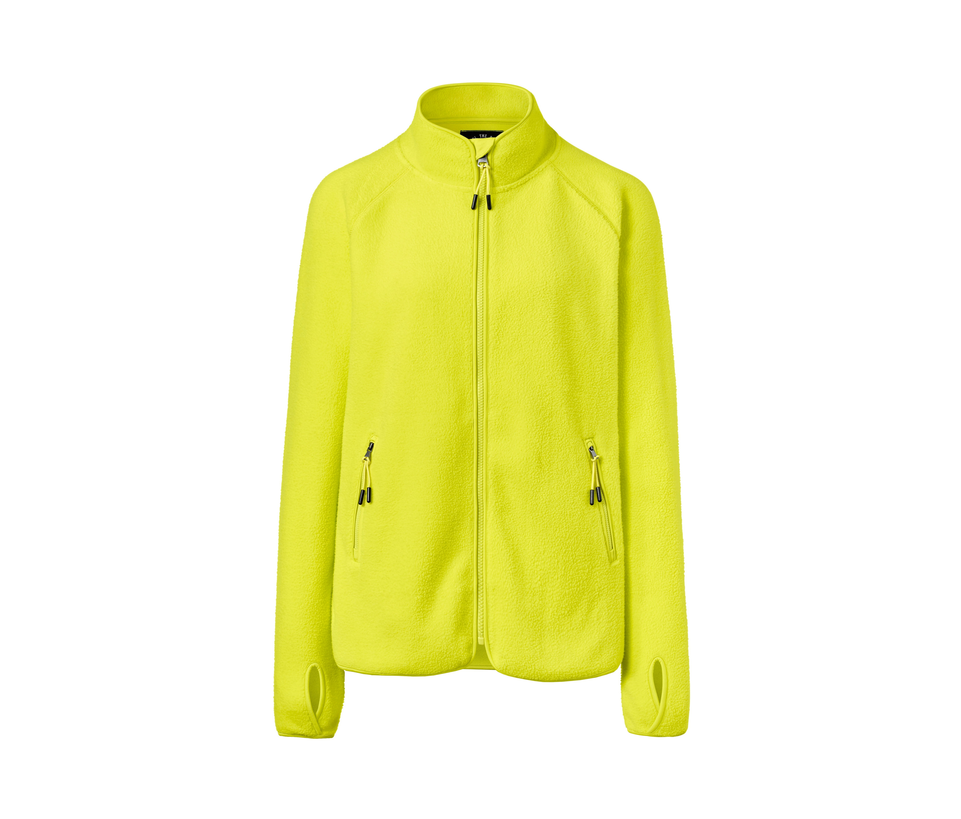 Gelbe Fleecejacke mit Reißverschluss und Daumenlöchern.