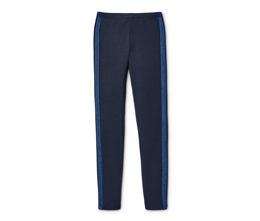Marineblaue Leggings mit Zierstreifen an der Seite.