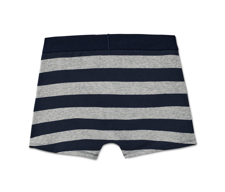 Ein Paar 5er Slipboxer mit blau-grauen horizontalen Streifen.