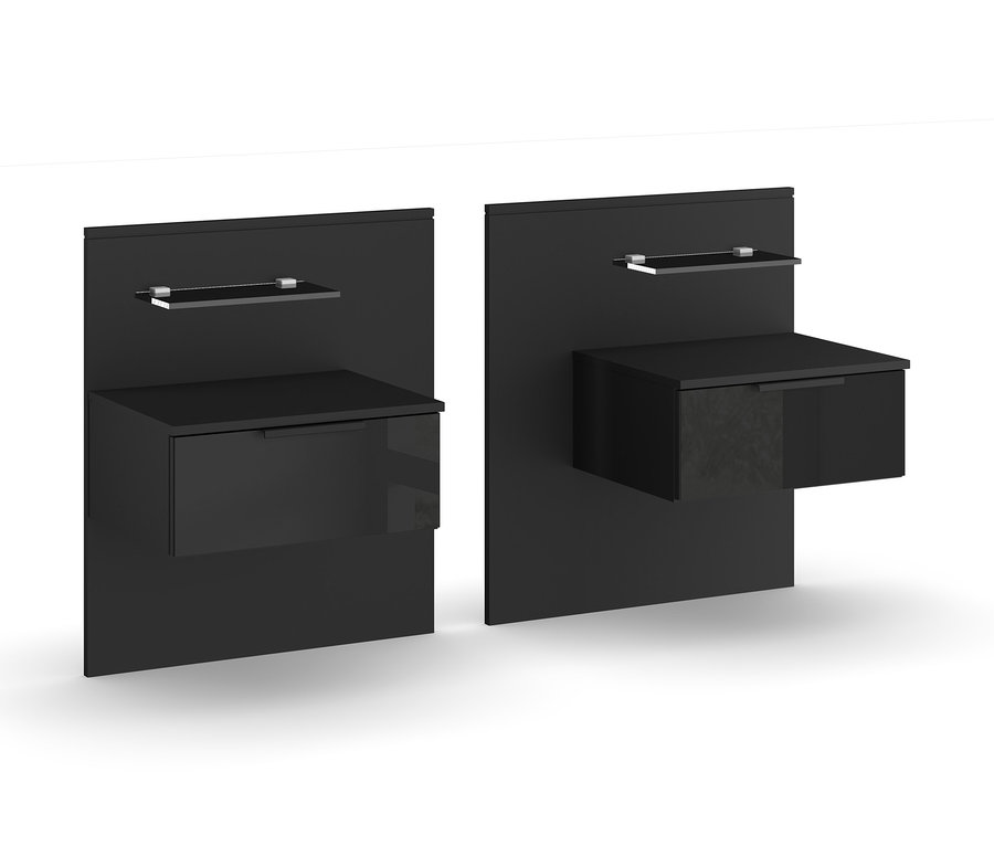 Zwei schwarze Rauch BLACK 20UP Hänge-Nachttisch-Paare mit Regalen.