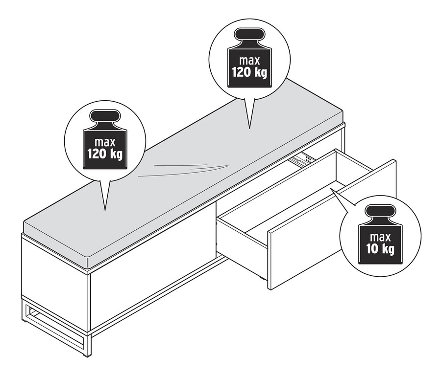Illustration einer Bettbank mit Polster, mit einer offenen Schublade.