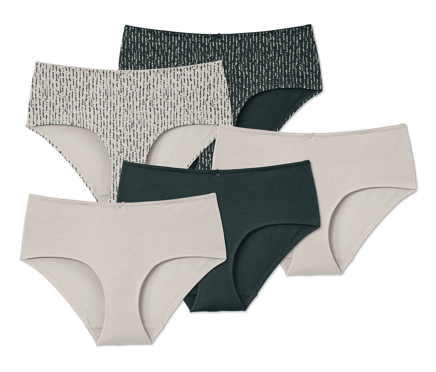 Fünf Pantys in verschiedenen Farben und Mustern.