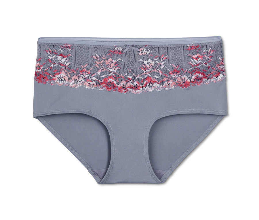 Graue Taillenpanty mit floraler Spitze.