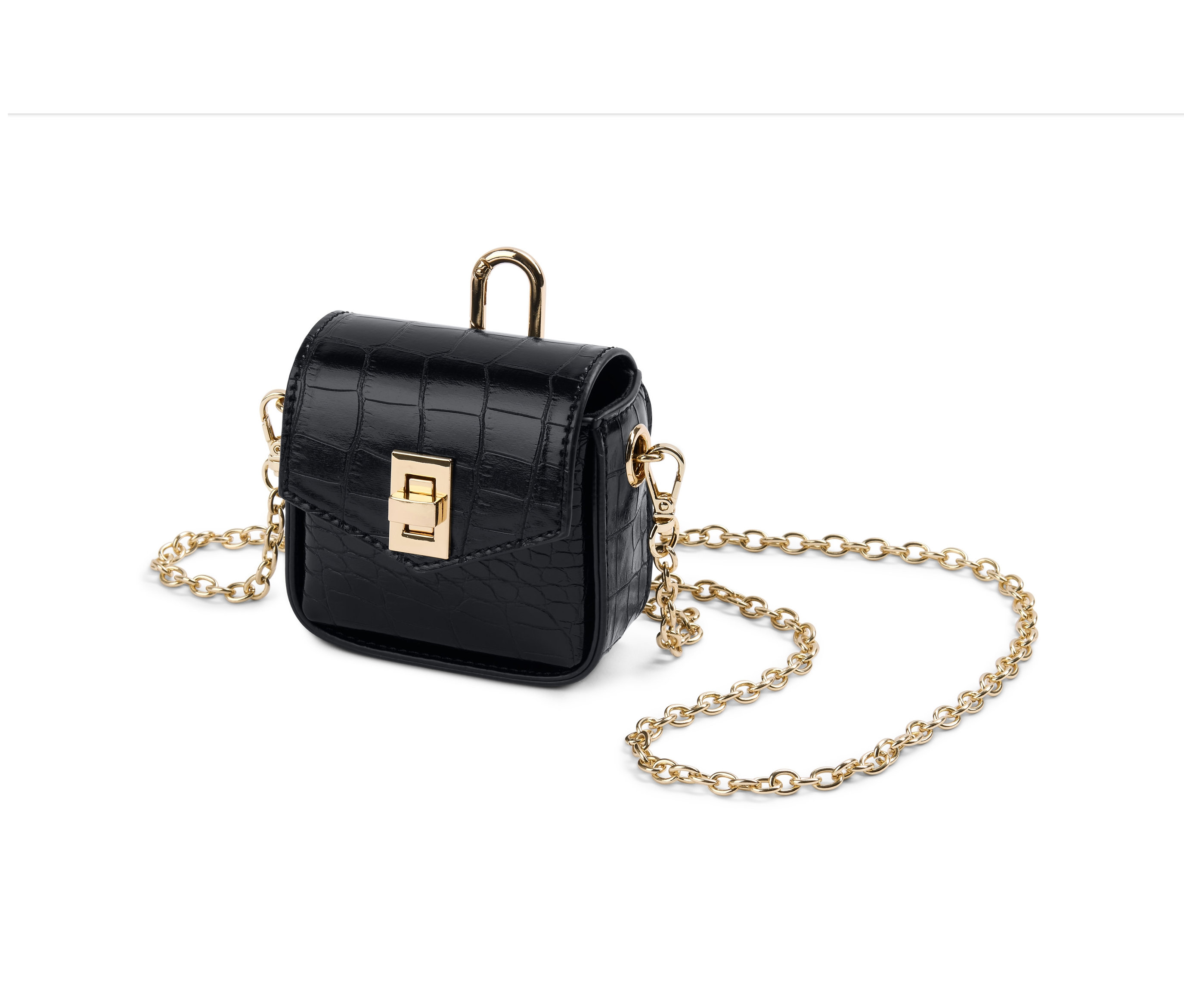 Schwarze Micro-Bag in Kroko-Optik mit goldener Kette.