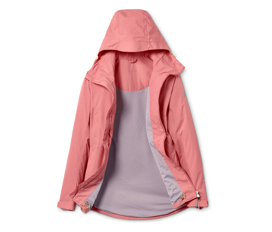 Offene, lachsfarbene Funktions-Outdoorjacke mit Kapuze.