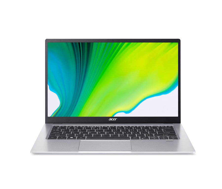 Ein geöffnetes, silberfarbenes Acer Swift 1 Notebook ist zu sehen.