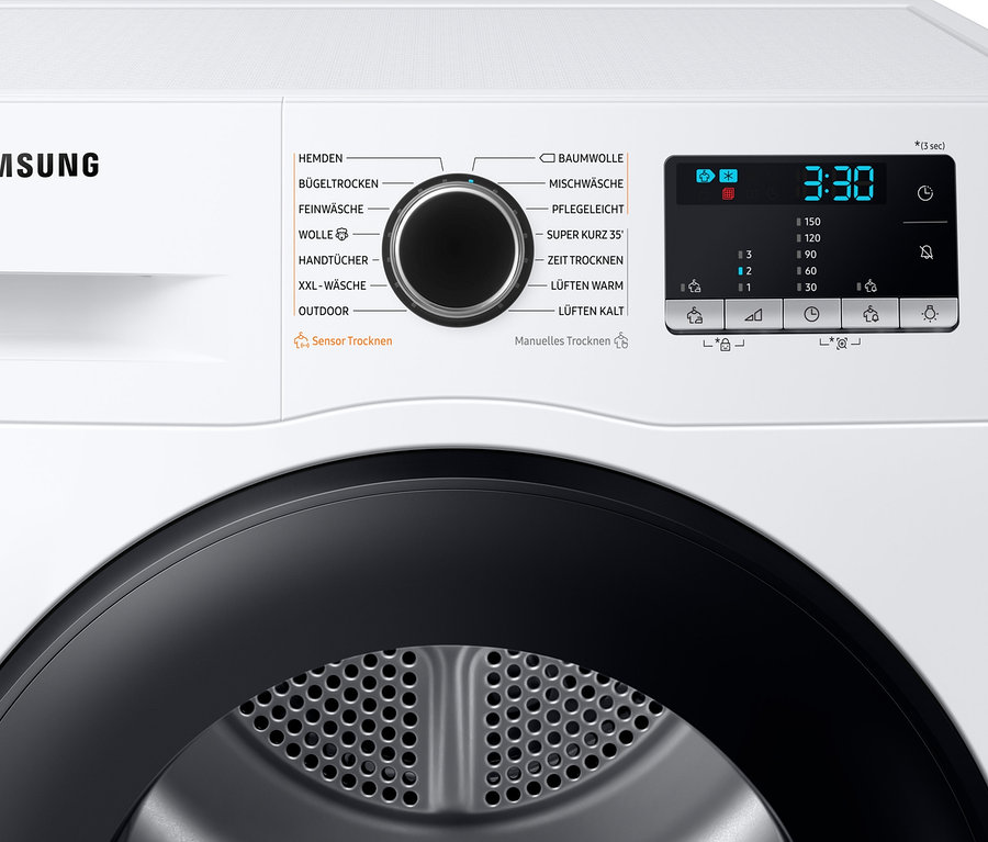 Detailansicht eines weißen Samsung Wärmepumpentrockners »DV91TA040AE/EG« (Energieeffizienzklasse A++ (von A+++ bis D), 9 kg) mit schwarzer Tür und einem Bedienfeld, das verschiedene Trocknungsprogramme anzeigt.