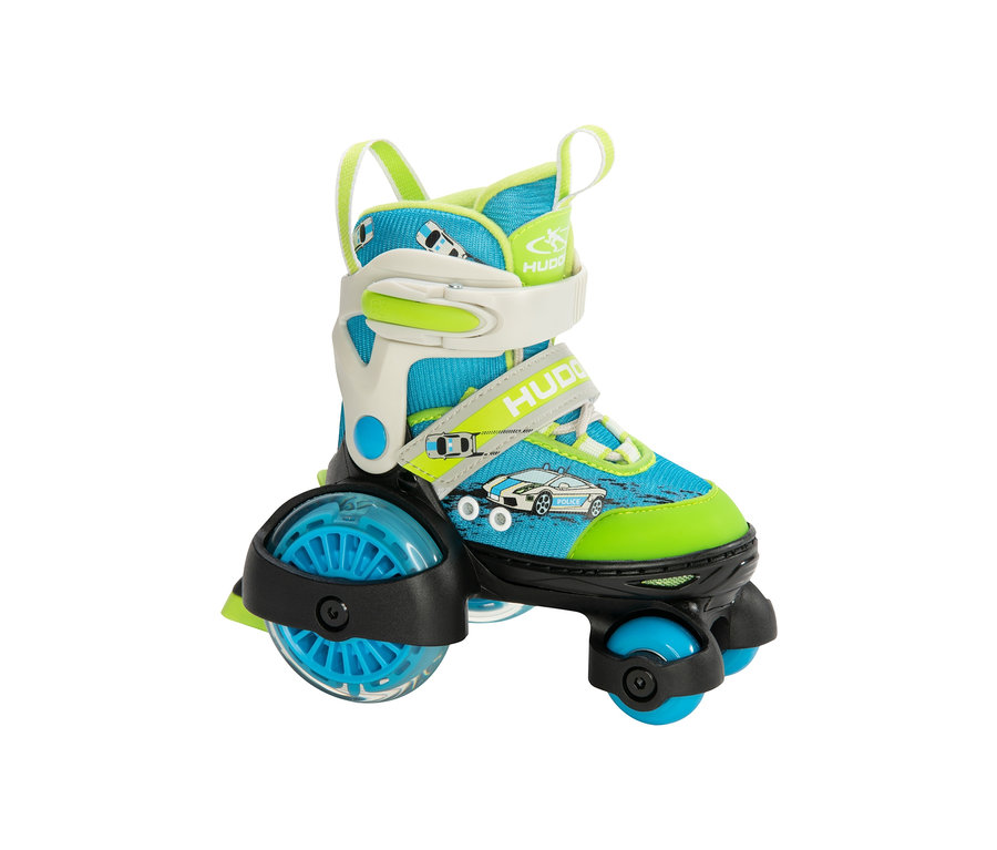 Blau-grüner HUDORA Rollschuh »My First Squad« LED auf weißem Hintergrund.